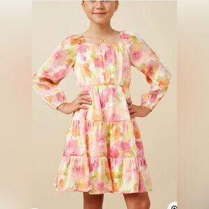 Hayden Girls Lurex Floral Square Neck Peasant Sleeve Dress Sz XL NWT